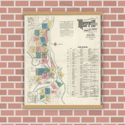 Old map wall art mockup — magnetic wood frame on brick wall — Sanborn Fire Insurance Map from Merrill, Lincoln County, Wisconsin (1913) - Complete Map Set
