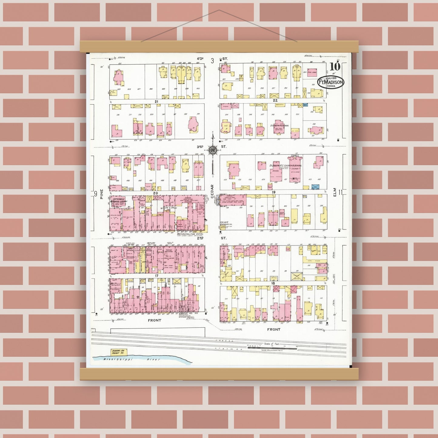 Old map wall art mockup — magnetic wood frame on brick wall — Sanborn Fire Insurance Map from Fort Madison, Lee County, Iowa (1919), Sheet #0010