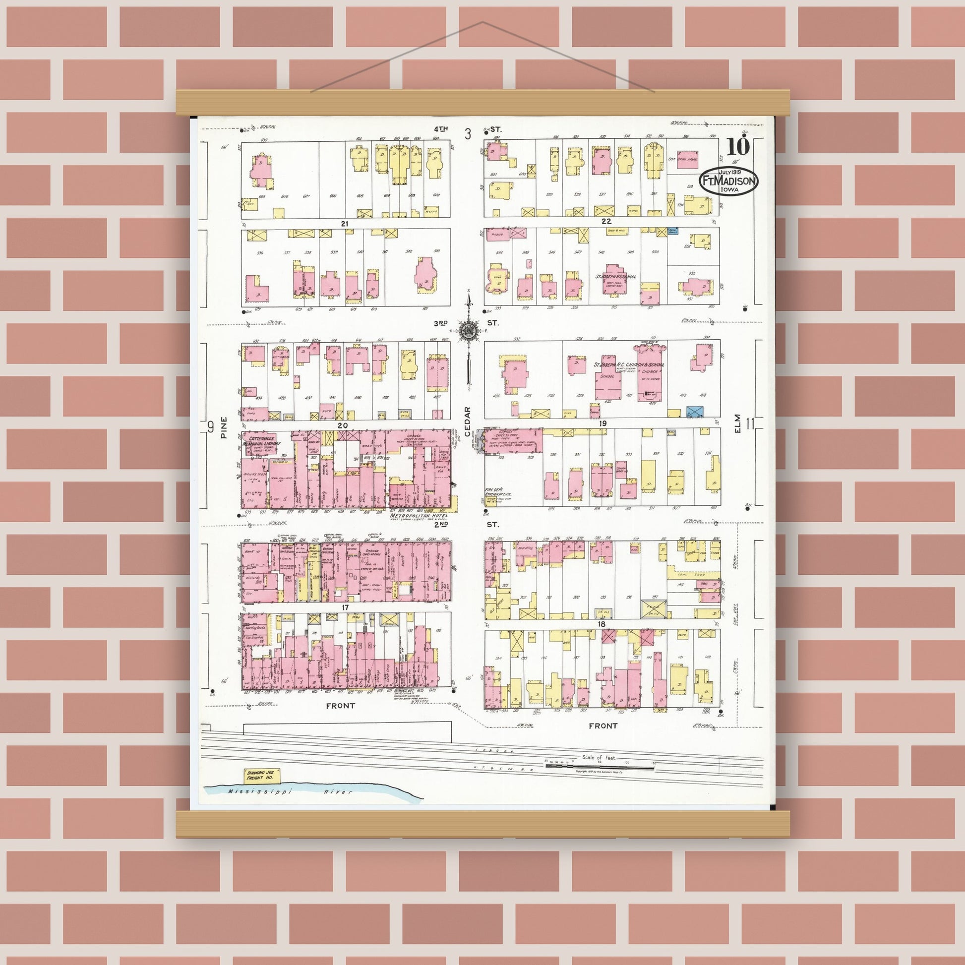 Old map wall art mockup — magnetic wood frame on brick wall — Sanborn Fire Insurance Map from Fort Madison, Lee County, Iowa (1919), Sheet #0010