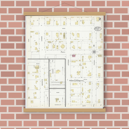 Old map wall art mockup — magnetic wood frame on brick wall — Sanborn Fire Insurance Map from Ramsey, Fayette County, Illinois (1907), Sheet #0002