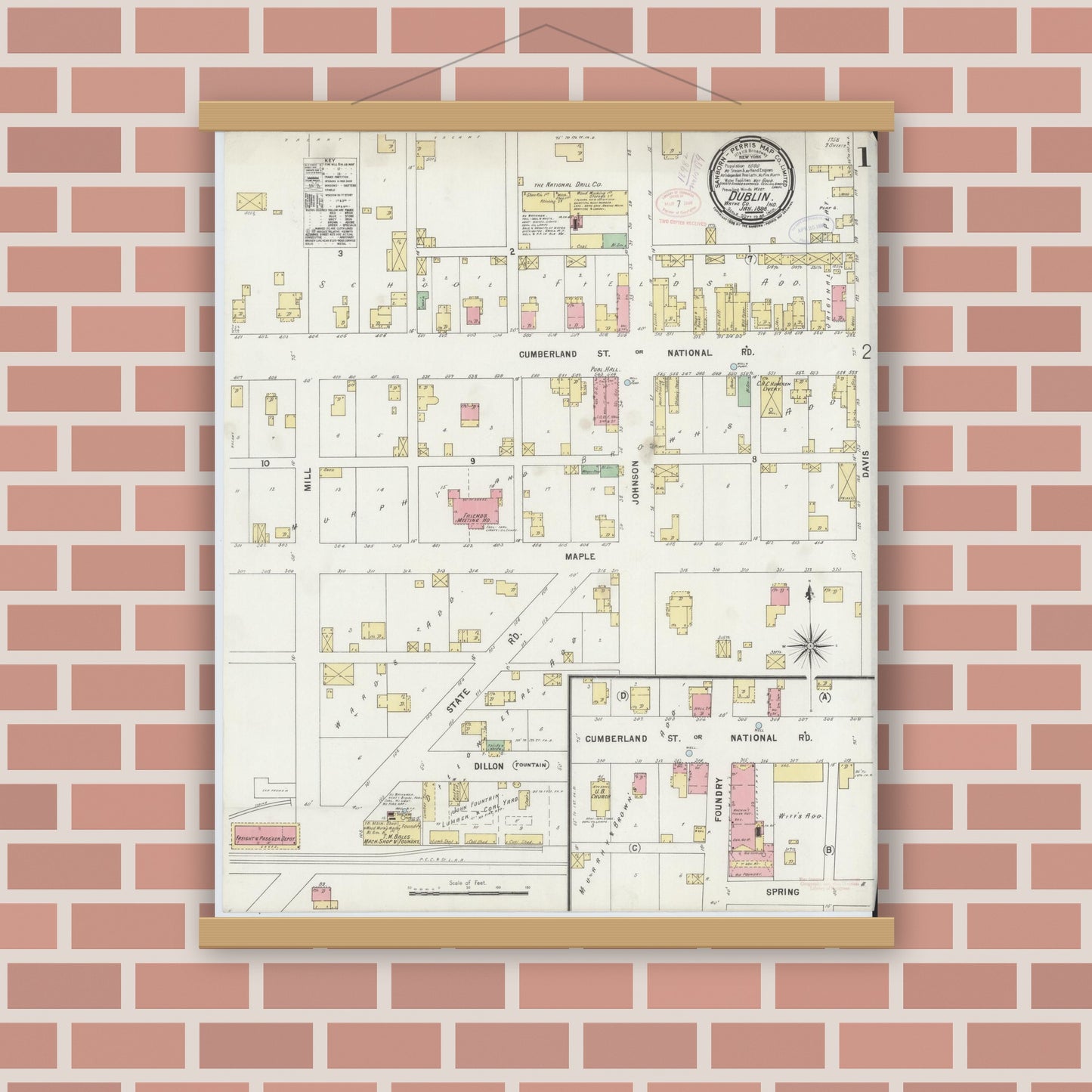 Old map wall art mockup — magnetic wood frame on brick wall — Sanborn Fire Insurance Map from Dublin, Wayne County, Indiana (1898) - Complete Map Set