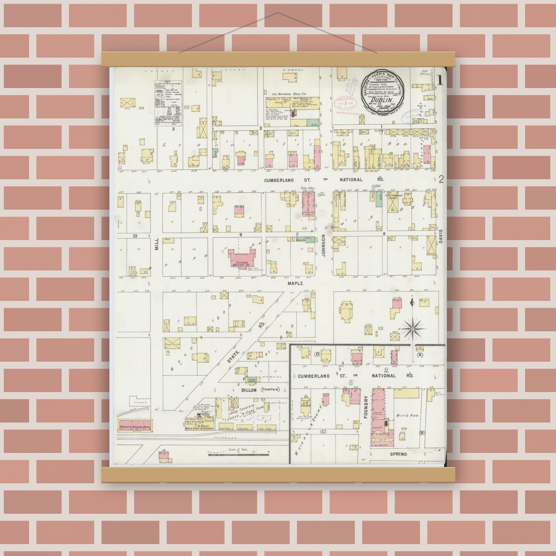 Old map wall art mockup — magnetic wood frame on brick wall — Sanborn Fire Insurance Map from Dublin, Wayne County, Indiana (1898) - Complete Map Set