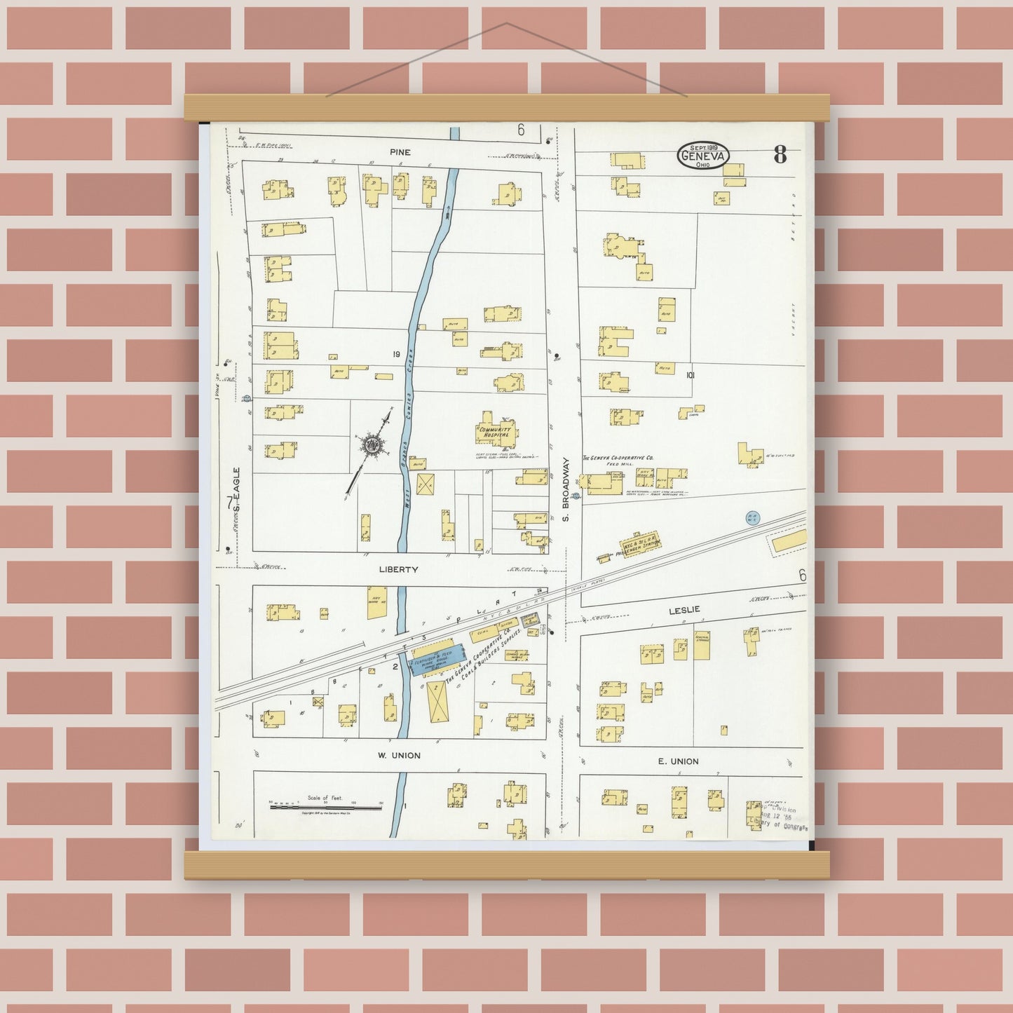 Old map wall art mockup — magnetic wood frame on brick wall — Sanborn Fire Insurance Map from Geneva, Ashtabula County, Ohio (1919), Sheet #0008