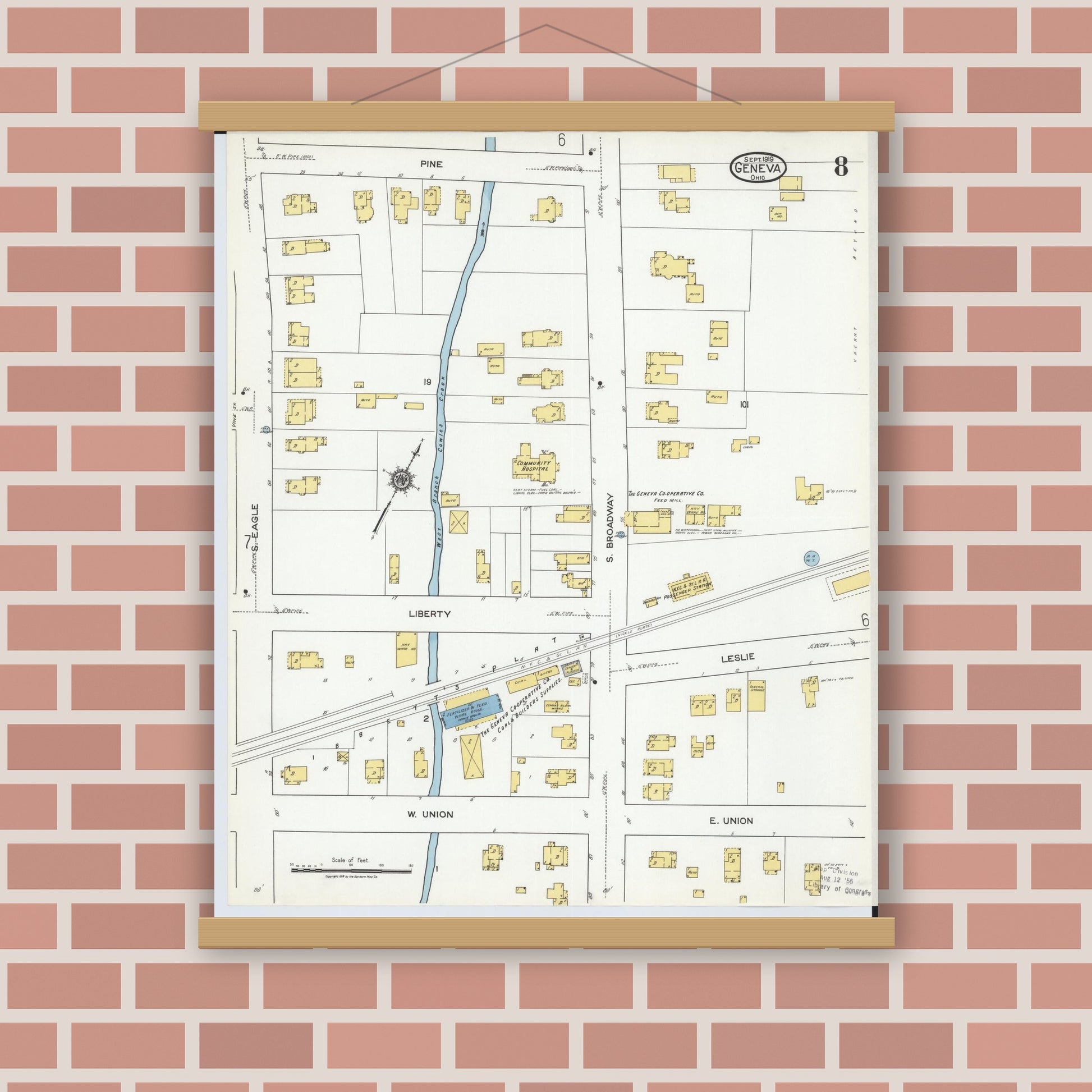 Old map wall art mockup — magnetic wood frame on brick wall — Sanborn Fire Insurance Map from Geneva, Ashtabula County, Ohio (1919), Sheet #0008