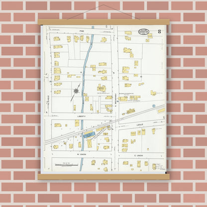 Old map wall art mockup — magnetic wood frame on brick wall — Sanborn Fire Insurance Map from Geneva, Ashtabula County, Ohio (1919), Sheet #0008