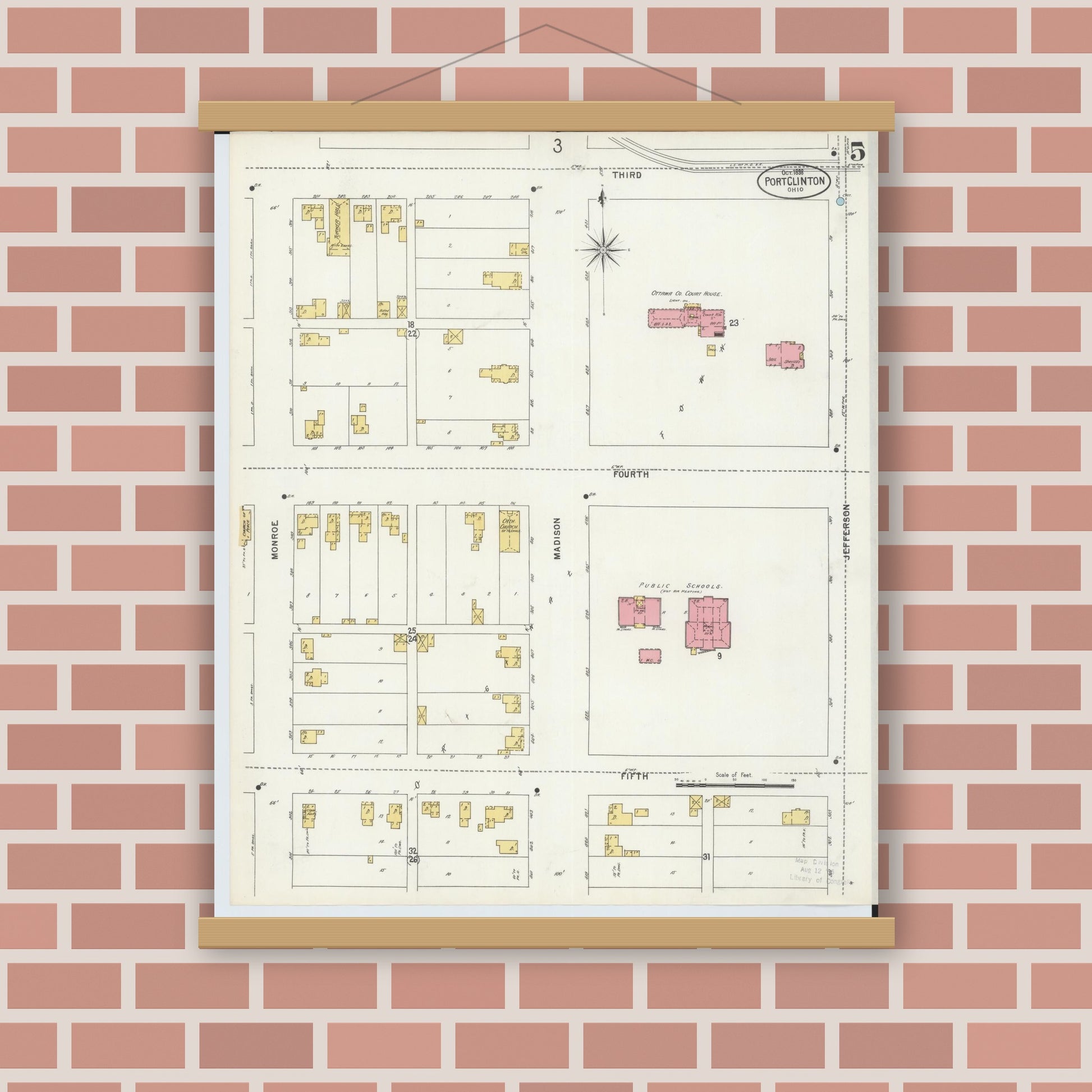 Old map wall art mockup — magnetic wood frame on brick wall — Sanborn Fire Insurance Map from Port Clinton, Ottawa County, Ohio (1898), Sheet #0005