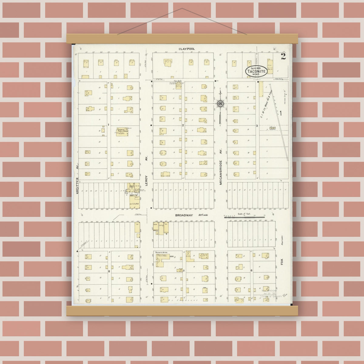 Old map wall art mockup — magnetic wood frame on brick wall — Sanborn Fire Insurance Map from Taconite, Ltasca County, Minnesota (1909), Sheet #0002