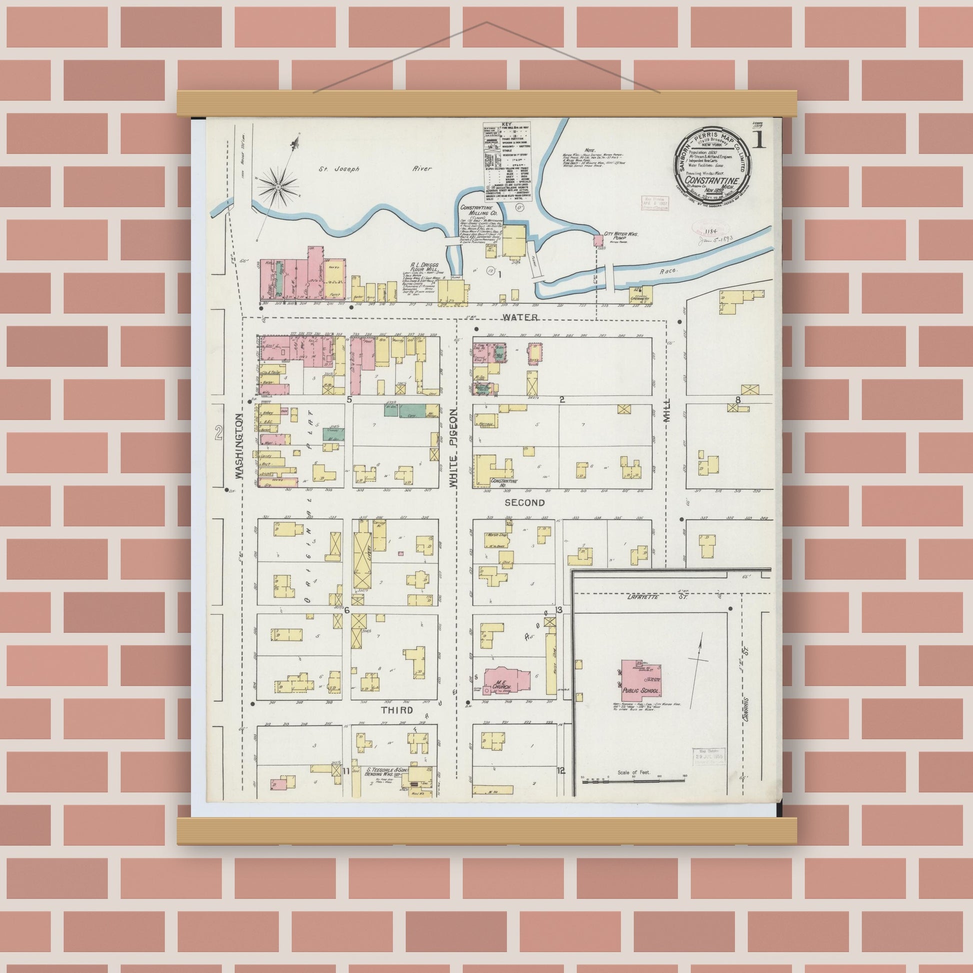Old map wall art mockup — magnetic wood frame on brick wall — Sanborn Fire Insurance Map from Constantine, Saint Joseph County, Michigan (1892), Sheet #0001