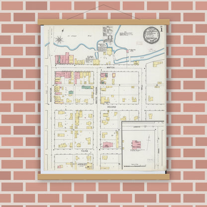 Old map wall art mockup — magnetic wood frame on brick wall — Sanborn Fire Insurance Map from Constantine, Saint Joseph County, Michigan (1892), Sheet #0001