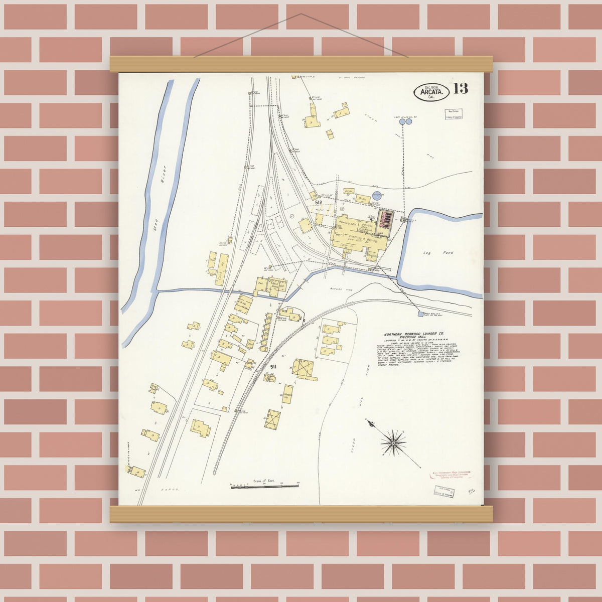 Old map wall art mockup — magnetic wood frame on brick wall — Sanborn Fire Insurance Map from Arcata, Humboldt County, California (1908), Sheet #0013