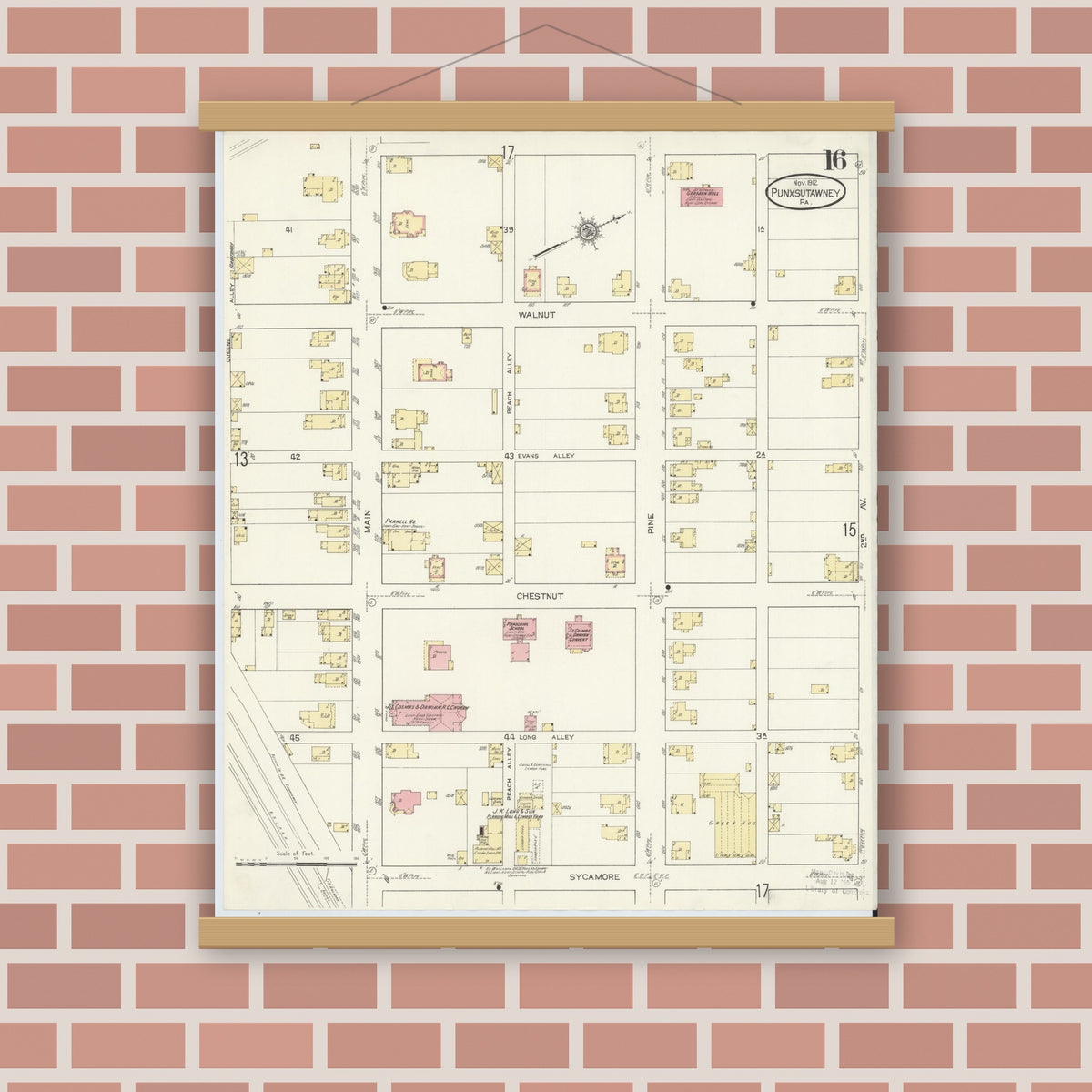 Old map wall art mockup — magnetic wood frame on brick wall — Sanborn Fire Insurance Map from Punxsutawney, Jefferson County, Pennsylvania (1912), Sheet #0016