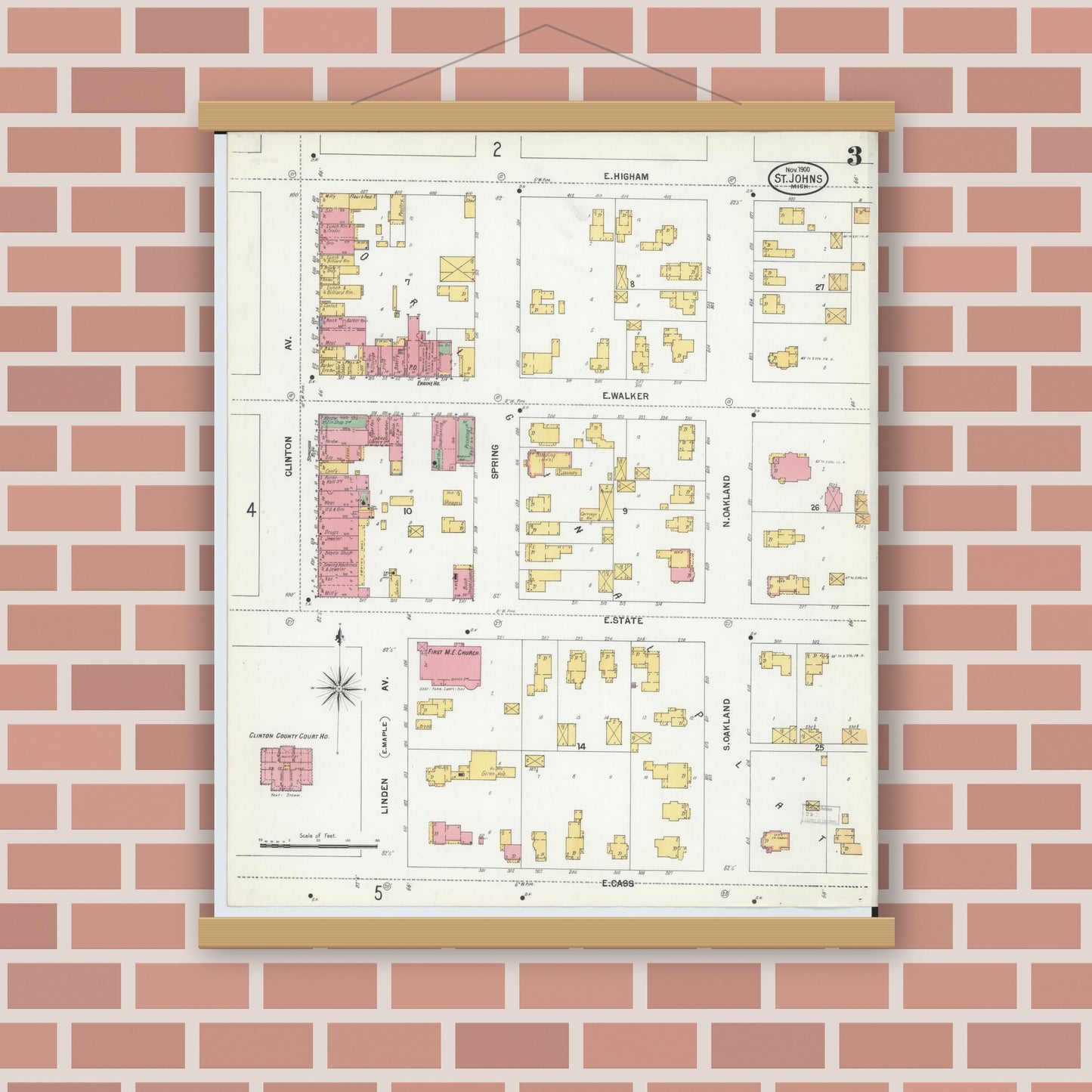 Old map wall art mockup — magnetic wood frame on brick wall — Sanborn Fire Insurance Map from Saint Johns, Clinton County, Michigan (1900), Sheet #0003