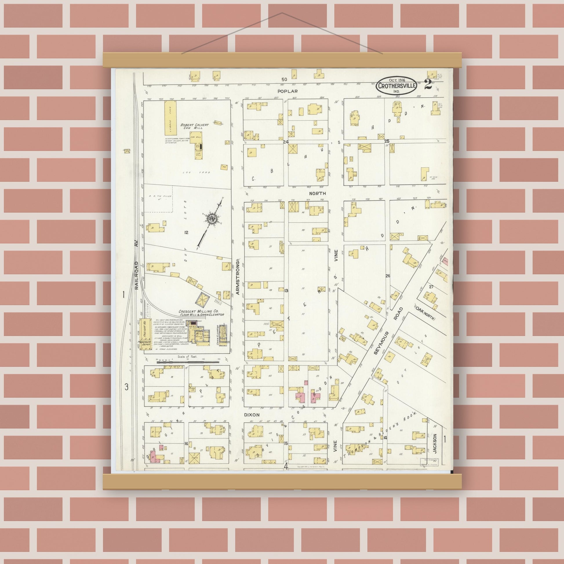 Old map wall art mockup — magnetic wood frame on brick wall — Sanborn Fire Insurance Map from Crothersville, Jackson County, Indiana (1916), Sheet #0002