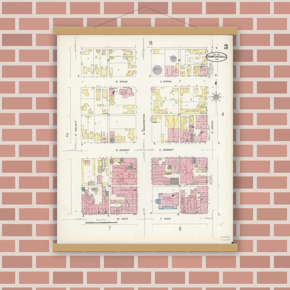 Old map wall art mockup — magnetic wood frame on brick wall — Sanborn Fire Insurance Map from Crawfordsville, Montgomery County, Indiana (1907), Sheet #0003