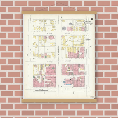 Old map wall art mockup — magnetic wood frame on brick wall — Sanborn Fire Insurance Map from Crawfordsville, Montgomery County, Indiana (1907), Sheet #0003