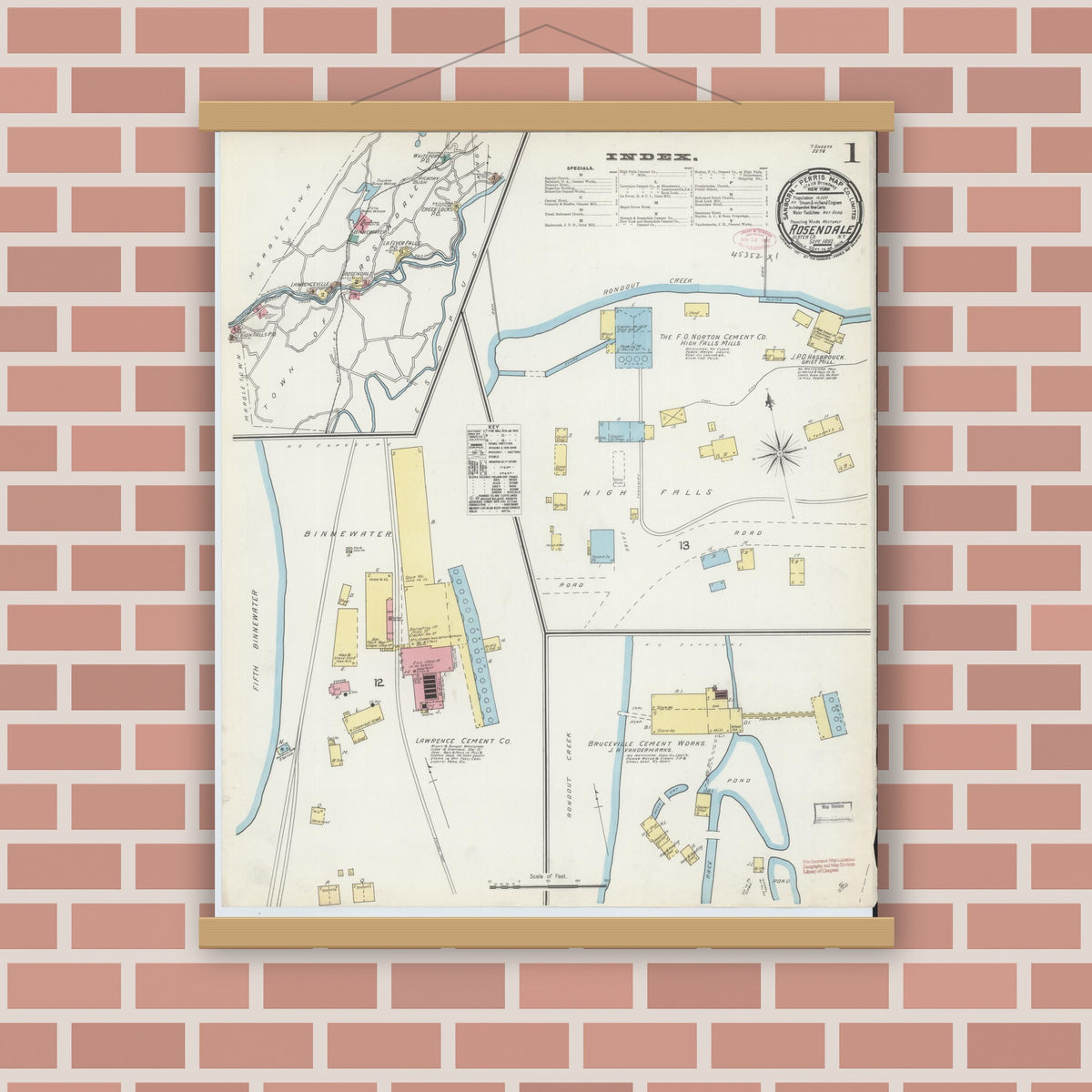 Old map wall art mockup — magnetic wood frame on brick wall — Sanborn Fire Insurance Map from Rosendale, Ulster County, New York (1892) - Complete Map Set
