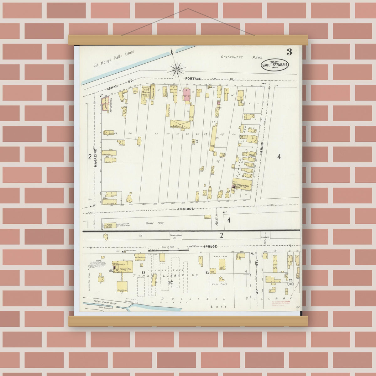 Old map wall art mockup — magnetic wood frame on brick wall — Sanborn Fire Insurance Map from Sault Sainte Marie, Chippewa County, Michigan (1897), Sheet #0003