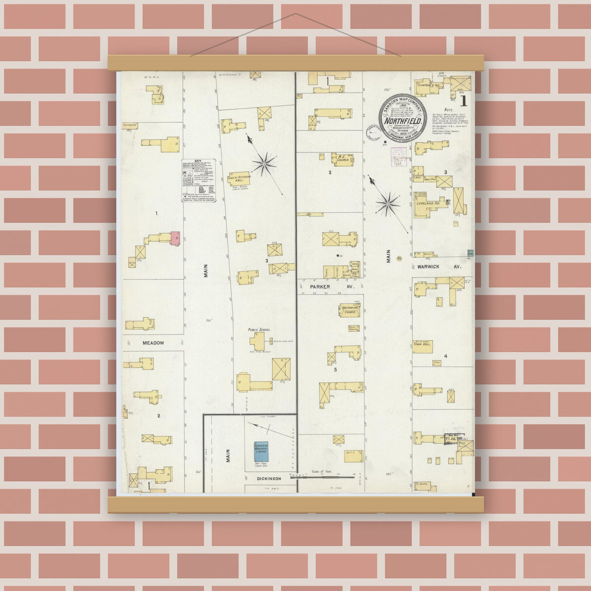Old map wall art mockup — magnetic wood frame on brick wall — Sanborn Fire Insurance Map from Northfield, Franklin County, Massachusetts (1902), Sheet #0001