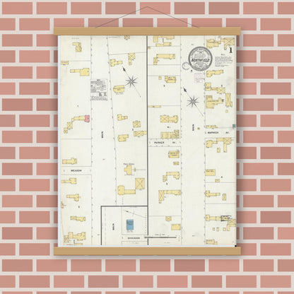 Old map wall art mockup — magnetic wood frame on brick wall — Sanborn Fire Insurance Map from Northfield, Franklin County, Massachusetts (1902), Sheet #0001