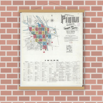 Old map wall art mockup — magnetic wood frame on brick wall — Sanborn Fire Insurance Map from Piqua, Miami County, Ohio (1905), Sheet #0001