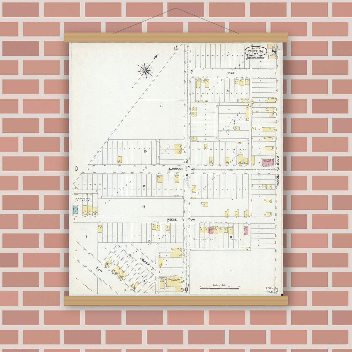 Old map wall art mockup — magnetic wood frame on brick wall — Sanborn Fire Insurance Map from Whiting, Lake County, Indiana (1901), Sheet #0008