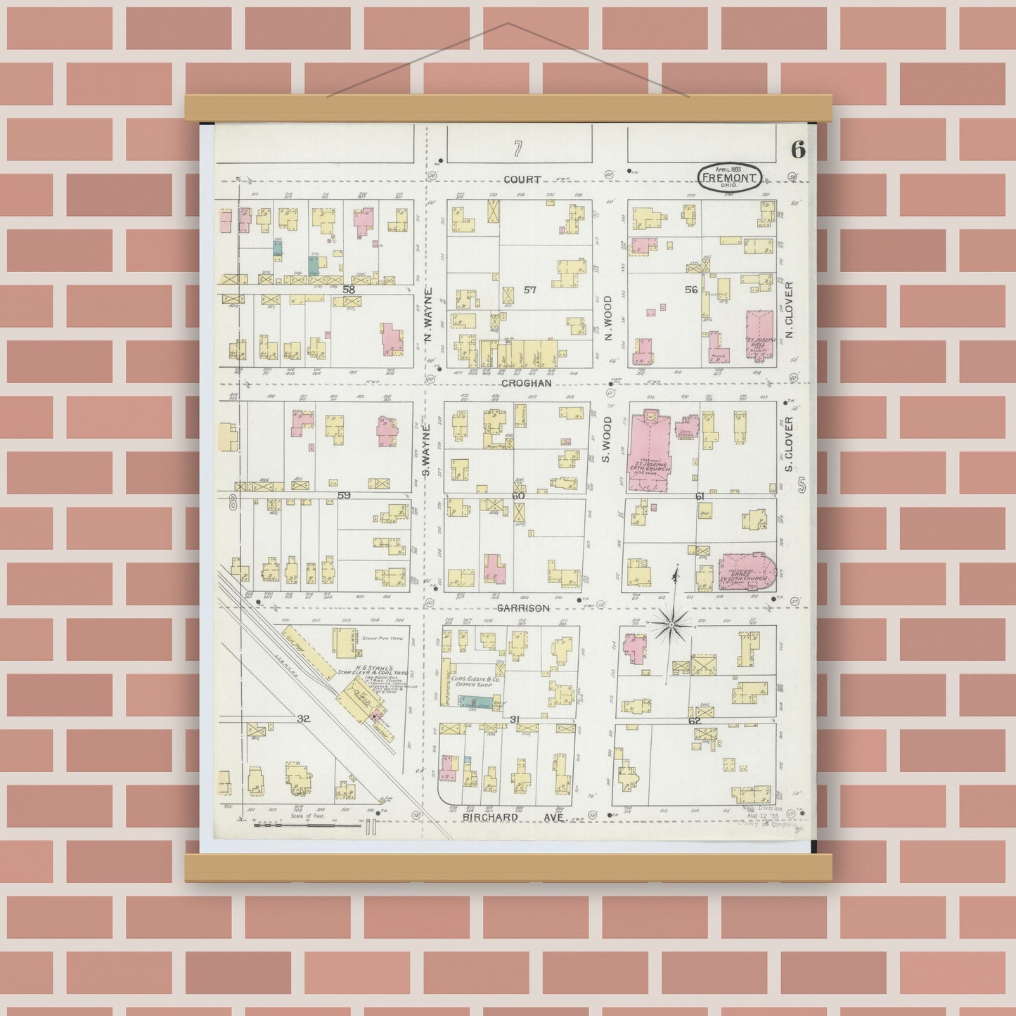 Old map wall art mockup — magnetic wood frame on brick wall — Sanborn Fire Insurance Map from Fremont, Sandusky County, Ohio (1893), Sheet #0006