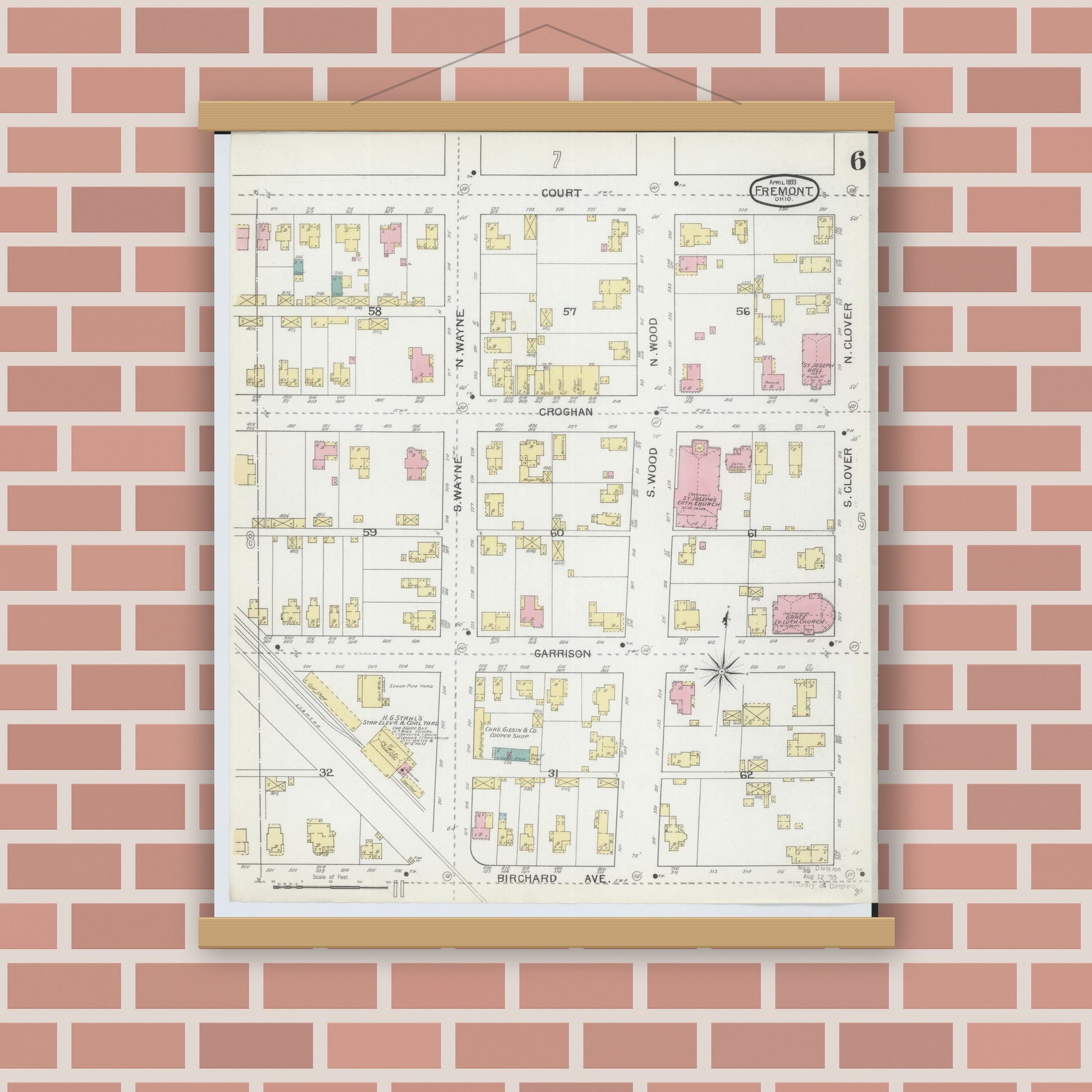 Old map wall art mockup — magnetic wood frame on brick wall — Sanborn Fire Insurance Map from Fremont, Sandusky County, Ohio (1893), Sheet #0006