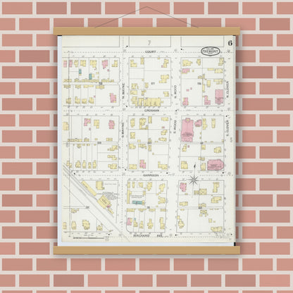 Old map wall art mockup — magnetic wood frame on brick wall — Sanborn Fire Insurance Map from Fremont, Sandusky County, Ohio (1893), Sheet #0006
