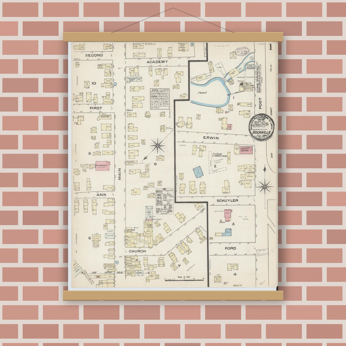 Old map wall art mockup — magnetic wood frame on brick wall — Sanborn Fire Insurance Map from Boonville, Oneida County, New York (1884) - Complete Map Set