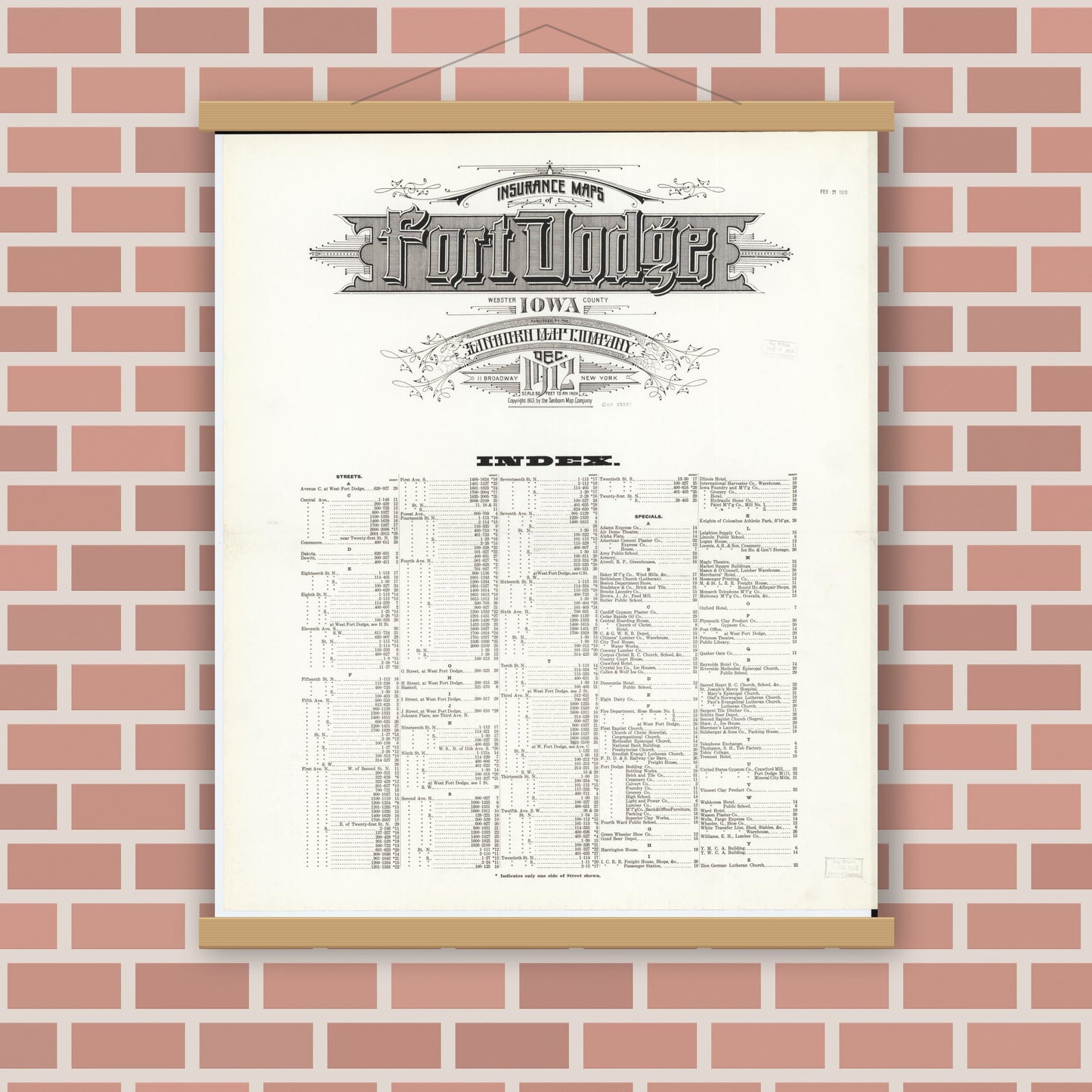 Old map wall art mockup — magnetic wood frame on brick wall — Sanborn Fire Insurance Map from Fort Dodge, Webster County, Iowa (1912), Sheet #0001