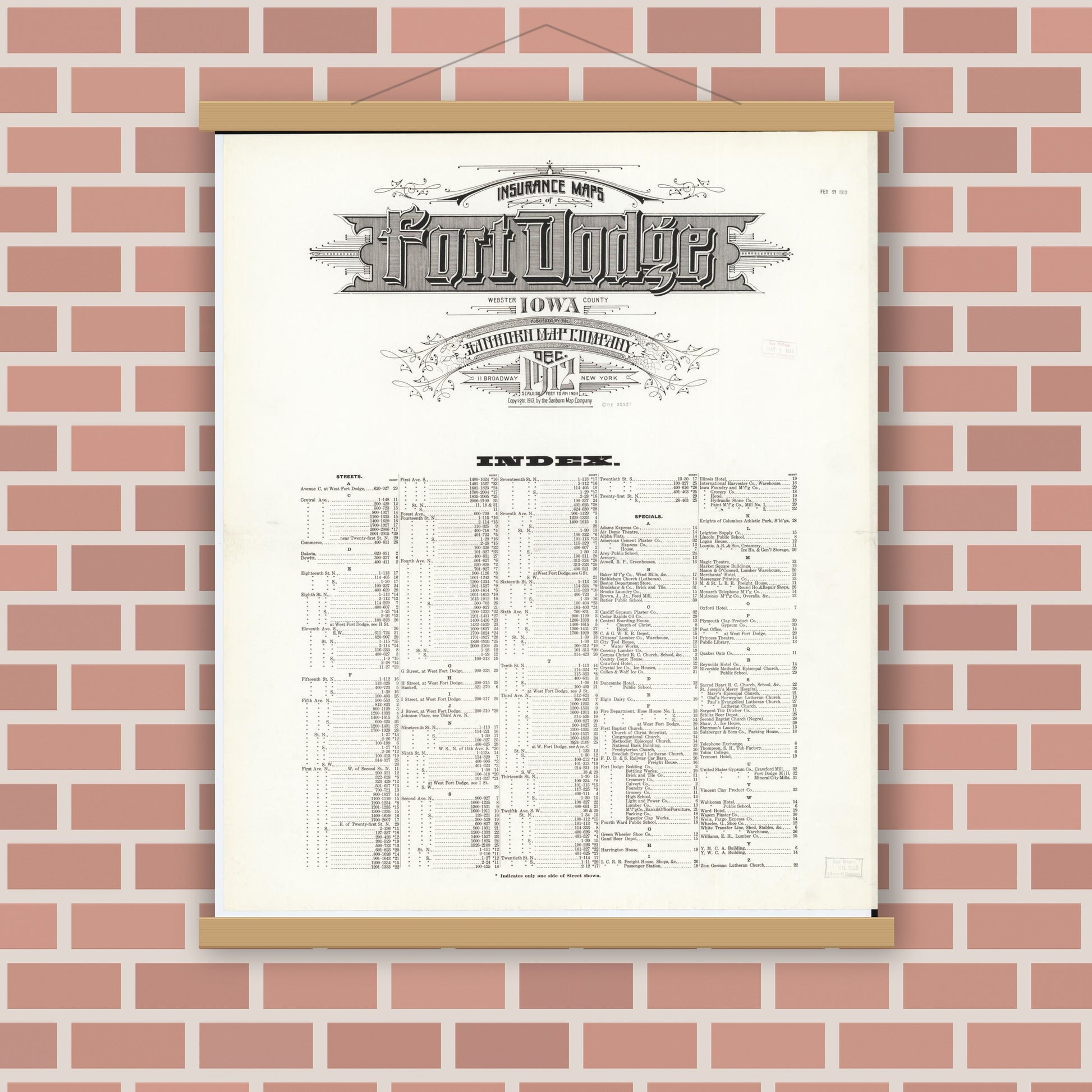Old map wall art mockup — magnetic wood frame on brick wall — Sanborn Fire Insurance Map from Fort Dodge, Webster County, Iowa (1912), Sheet #0001