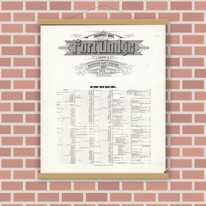 Old map wall art mockup — magnetic wood frame on brick wall — Sanborn Fire Insurance Map from Fort Dodge, Webster County, Iowa (1912), Sheet #0001