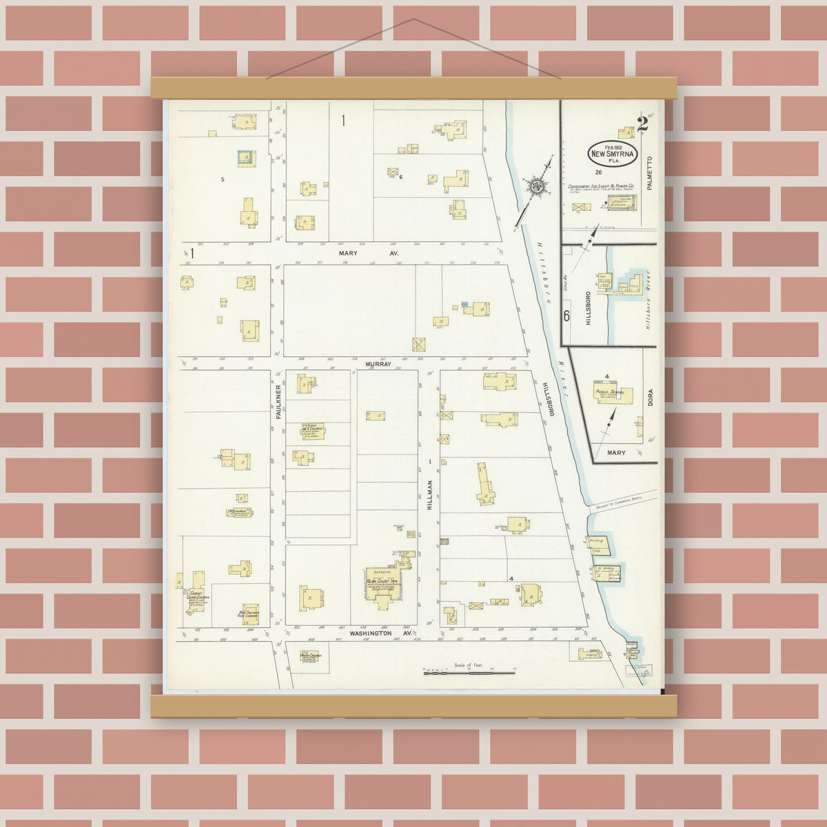 Old map wall art mockup — magnetic wood frame on brick wall — Sanborn Fire Insurance Map from New Smyrna, Valusia County, Florida (1912), Sheet #0002