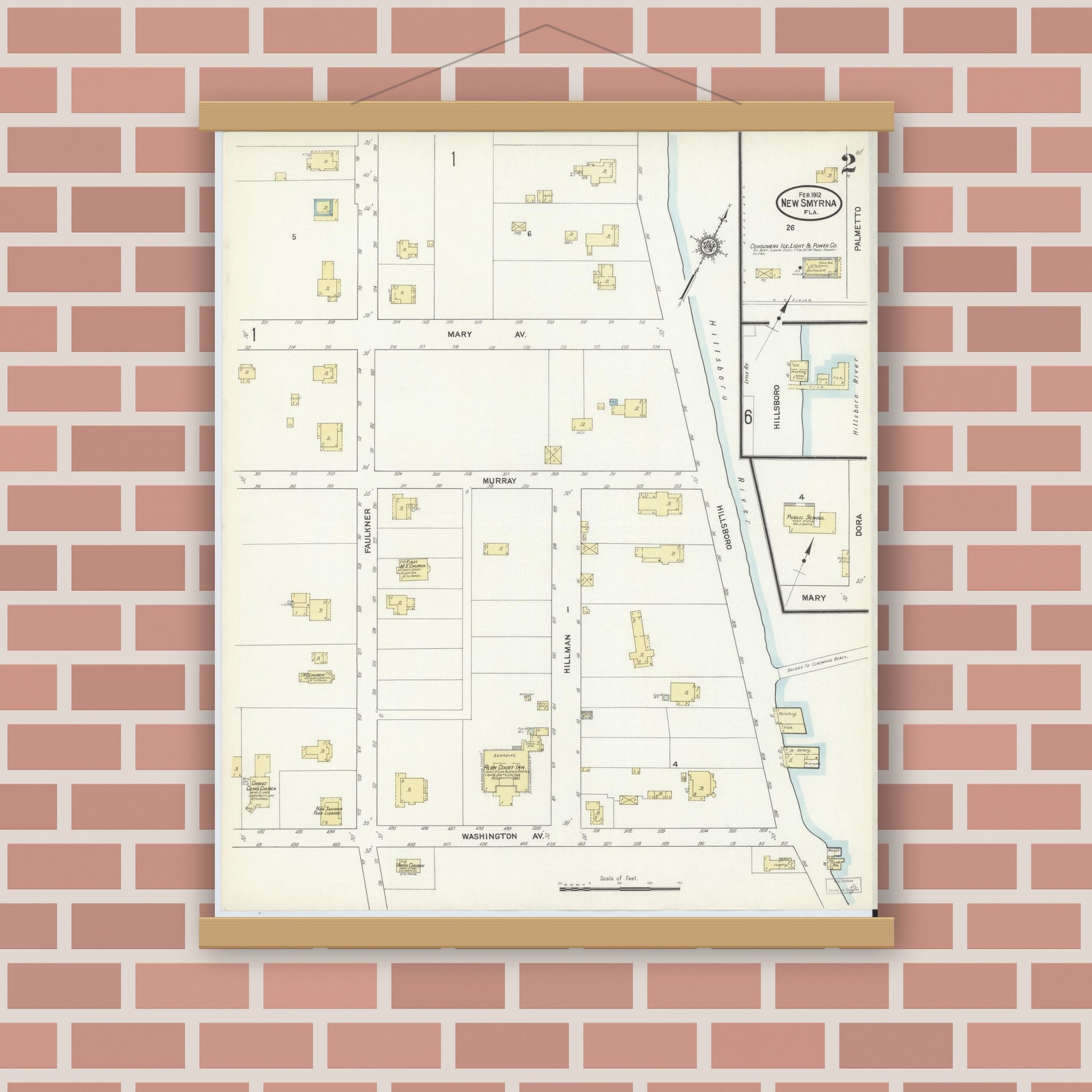 Old map wall art mockup — magnetic wood frame on brick wall — Sanborn Fire Insurance Map from New Smyrna, Valusia County, Florida (1912), Sheet #0002