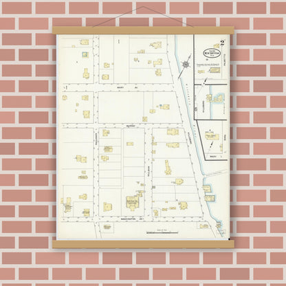 Old map wall art mockup — magnetic wood frame on brick wall — Sanborn Fire Insurance Map from New Smyrna, Valusia County, Florida (1912), Sheet #0002