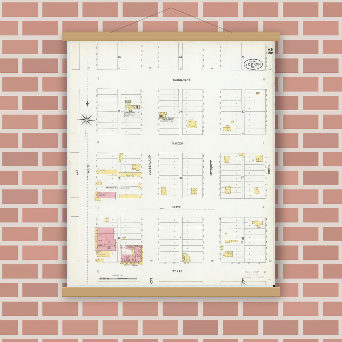 Old map wall art mockup — magnetic wood frame on brick wall — Sanborn Fire Insurance Map from Vernon, Wilbarger County, Texas (1902), Sheet #0002