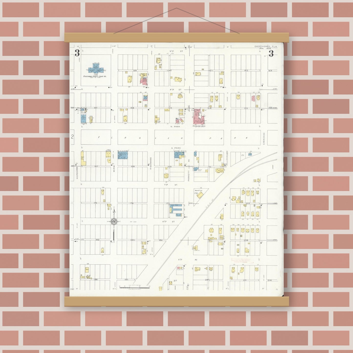 Old map wall art mockup — magnetic wood frame on brick wall — Sanborn Fire Insurance Map from Okeechobee, Okeechobee County, Florida (1933), Sheet #0003