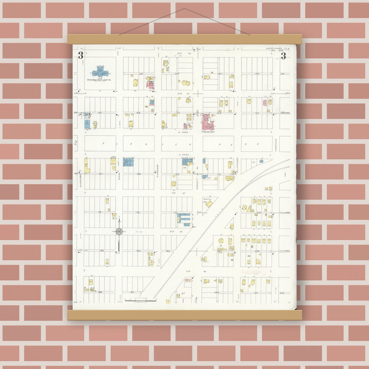 Old map wall art mockup — magnetic wood frame on brick wall — Sanborn Fire Insurance Map from Okeechobee, Okeechobee County, Florida (1933), Sheet #0003