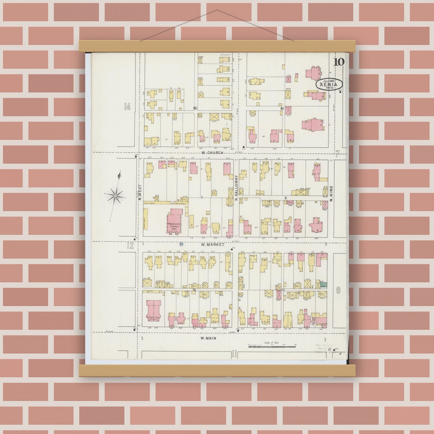 Old map wall art mockup — magnetic wood frame on brick wall — Sanborn Fire Insurance Map from Xenia, Greene County, Ohio (1895), Sheet #0010