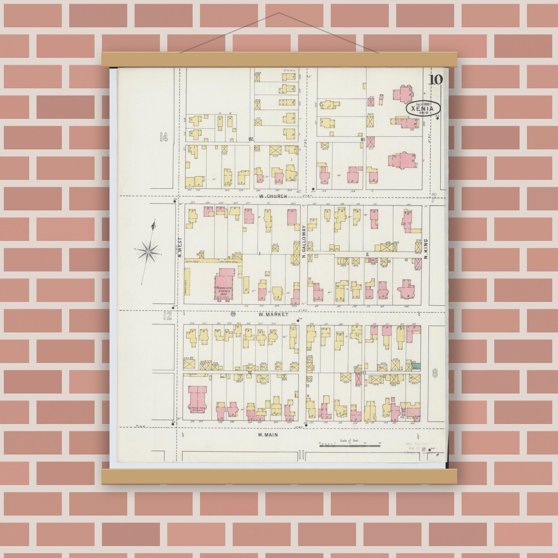 Old map wall art mockup — magnetic wood frame on brick wall — Sanborn Fire Insurance Map from Xenia, Greene County, Ohio (1895), Sheet #0010