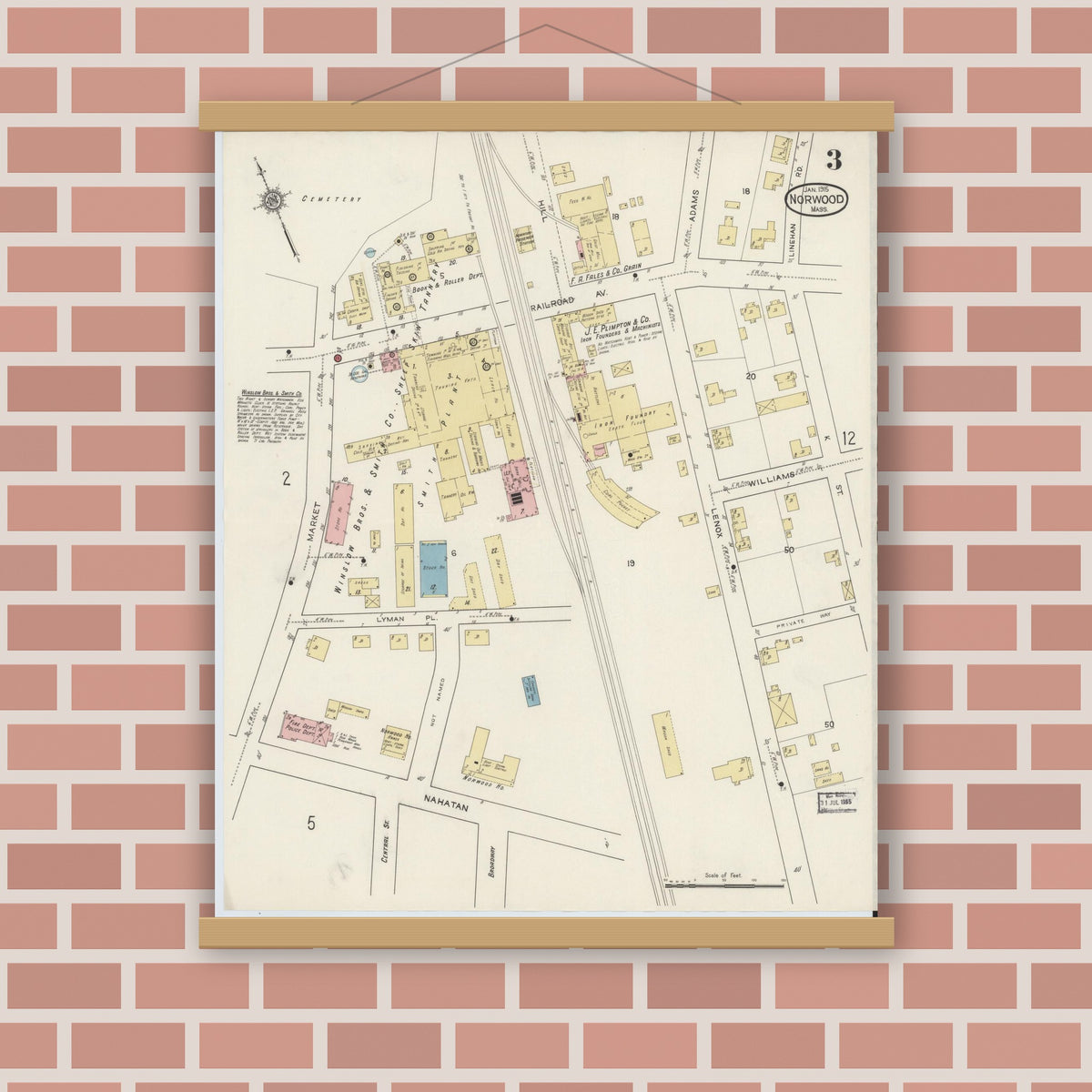 Old map wall art mockup — magnetic wood frame on brick wall — Sanborn Fire Insurance Map from Norwood, Norfolk County, Massachusetts (1915), Sheet #0003