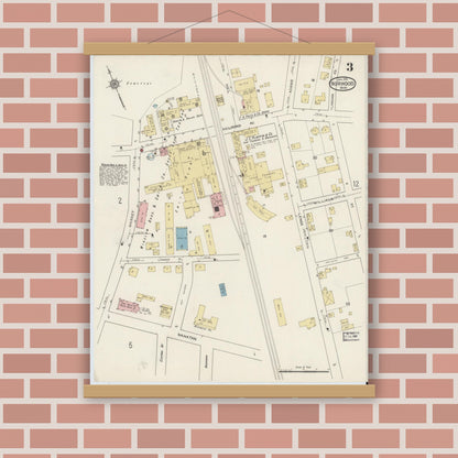 Old map wall art mockup — magnetic wood frame on brick wall — Sanborn Fire Insurance Map from Norwood, Norfolk County, Massachusetts (1915), Sheet #0003