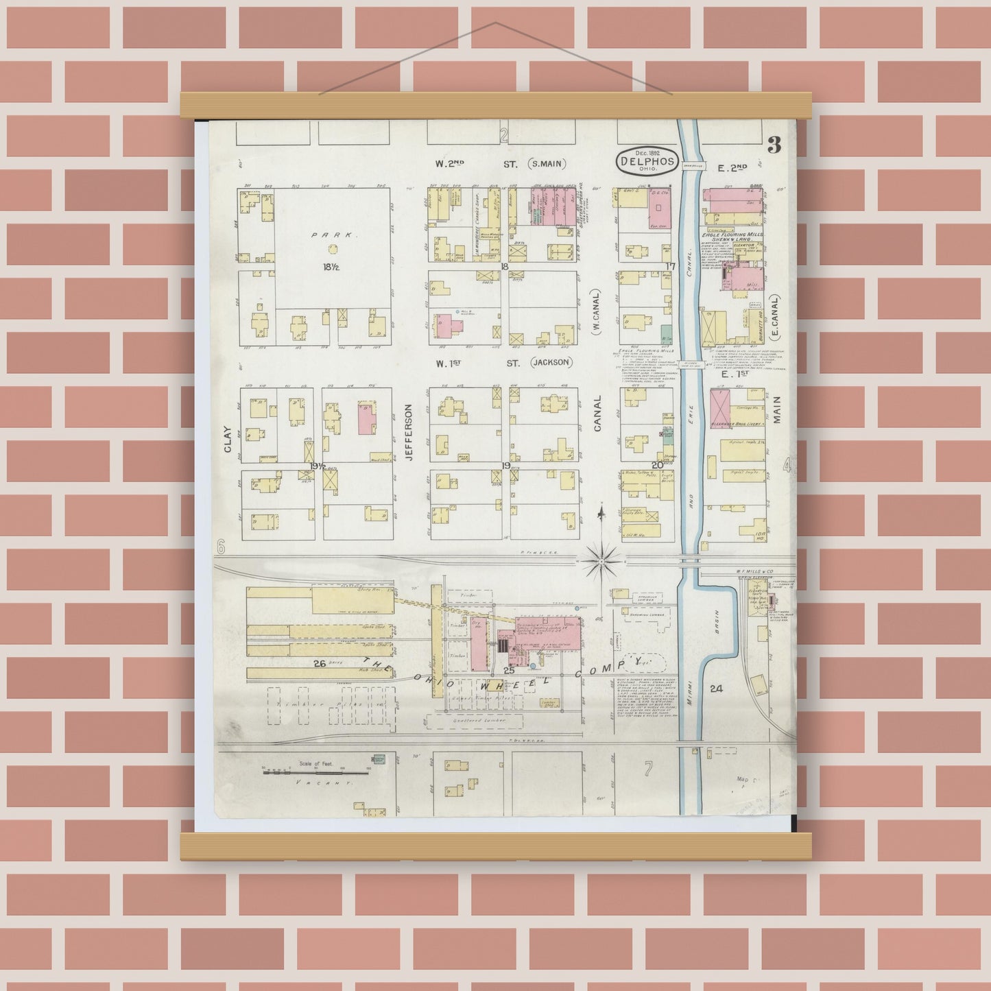 Old map wall art mockup — magnetic wood frame on brick wall — Sanborn Fire Insurance Map from Delphos, Van Wert And Allen Counties, Ohio (1892), Sheet #0003
