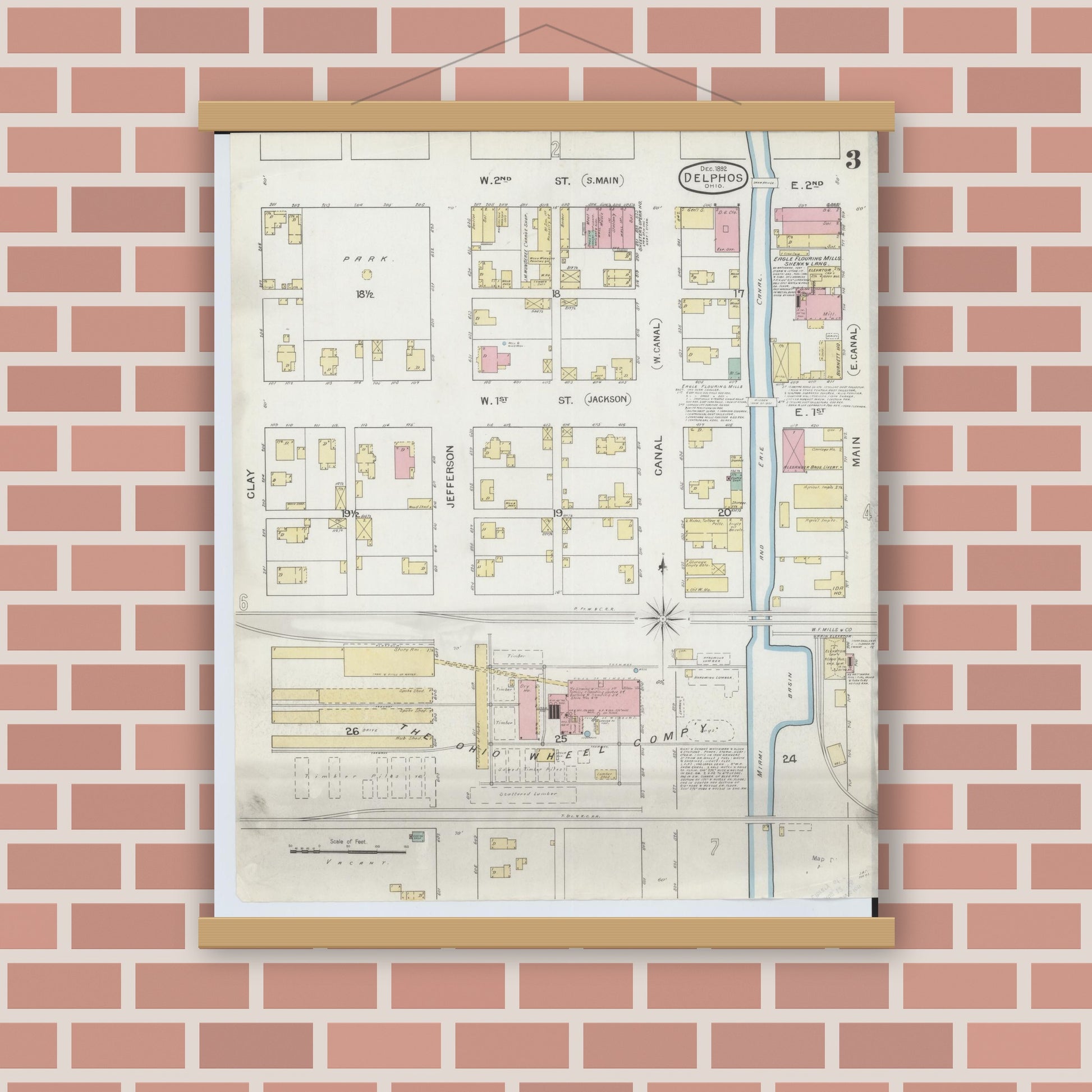 Old map wall art mockup — magnetic wood frame on brick wall — Sanborn Fire Insurance Map from Delphos, Van Wert And Allen Counties, Ohio (1892), Sheet #0003
