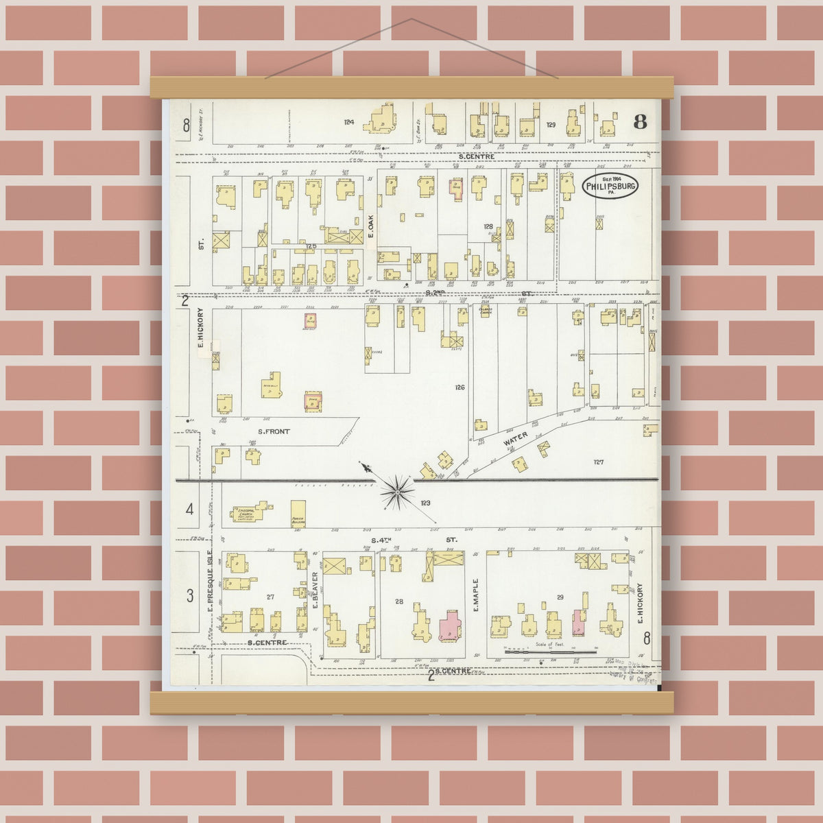 Old map wall art mockup — magnetic wood frame on brick wall — Sanborn Fire Insurance Map from Philipsburg, Centre County, Pennsylvania (1904), Sheet #0008