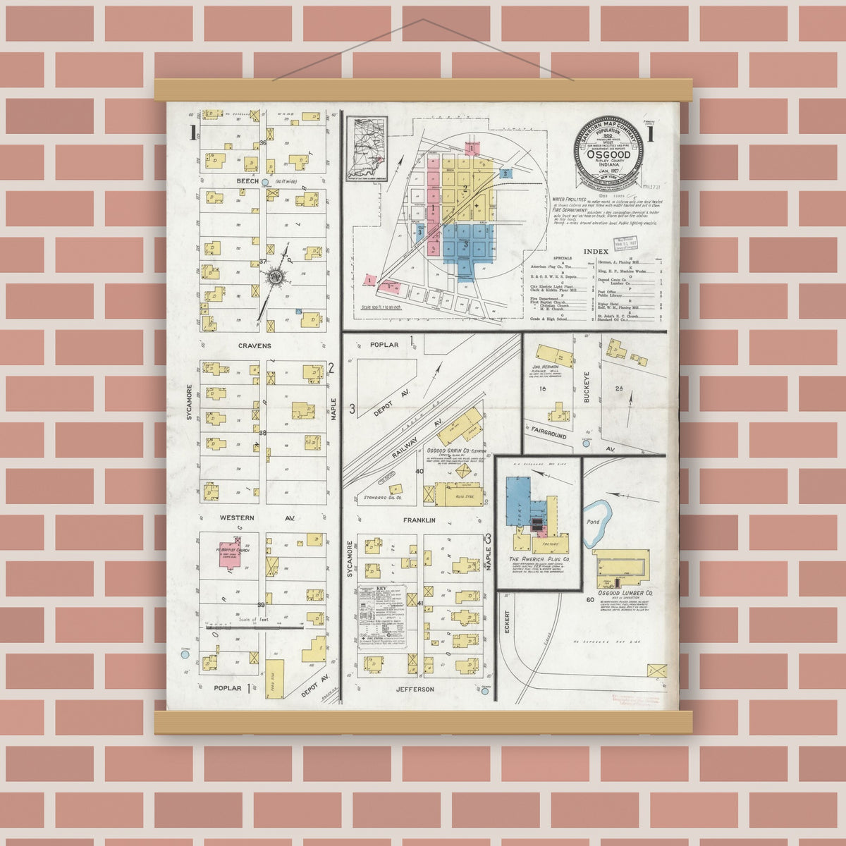 Old map wall art mockup — magnetic wood frame on brick wall — Sanborn Fire Insurance Map from Osgood, Ripley County, Indiana (1927), Sheet #0001