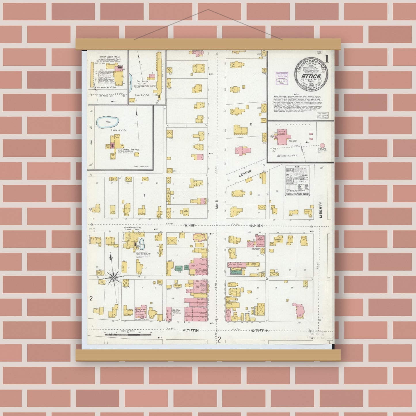 Old map wall art mockup — magnetic wood frame on brick wall — Sanborn Fire Insurance Map from Attica, Seneca County, Ohio (1904) - Complete Map Set