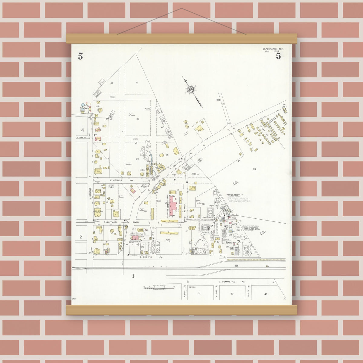Old map wall art mockup — magnetic wood frame on brick wall — Sanborn Fire Insurance Map from Gladewater, Gregg County, Texas (1934), Sheet #0005