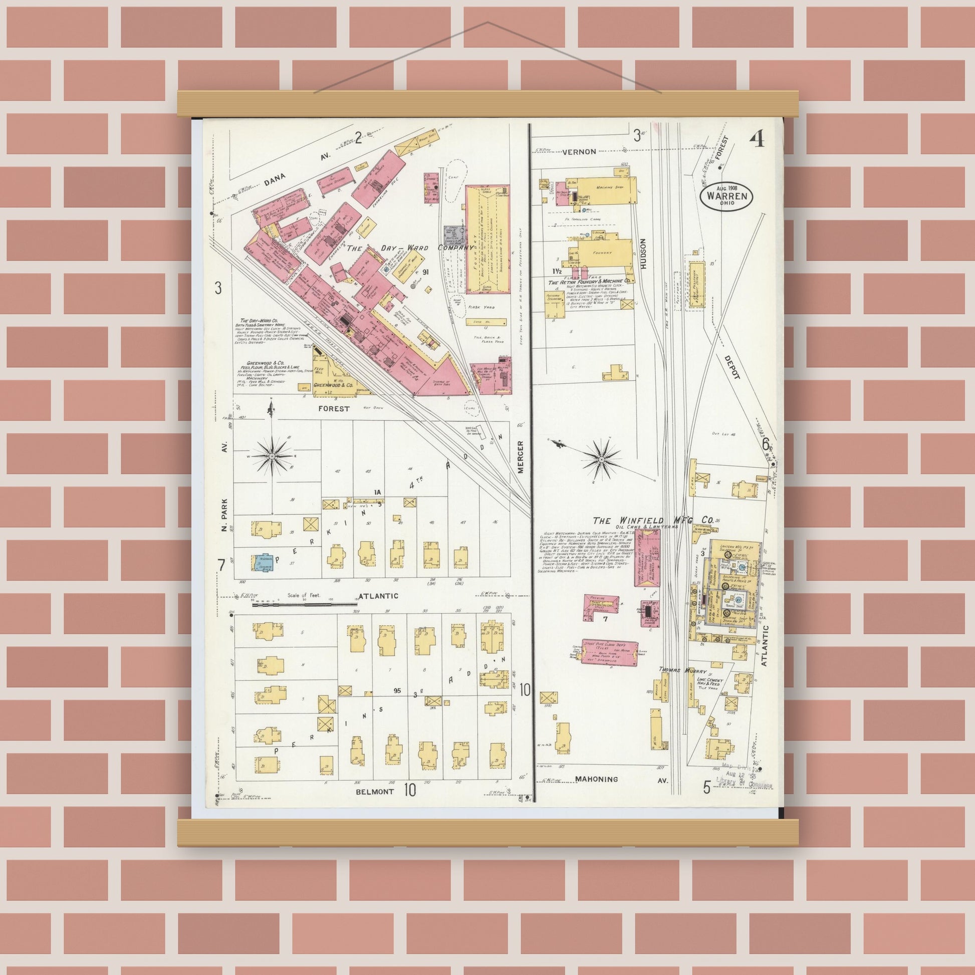 Old map wall art mockup — magnetic wood frame on brick wall — Sanborn Fire Insurance Map from Warren, Trumbull County, Ohio (1908), Sheet #0004
