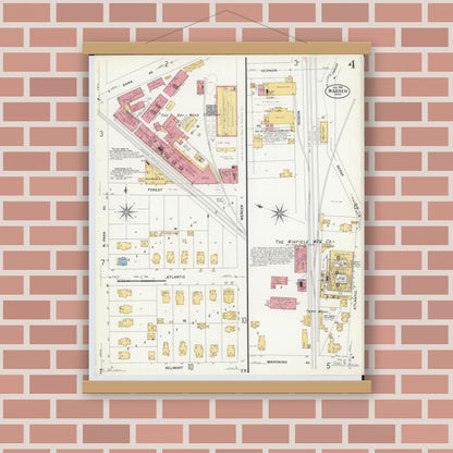 Old map wall art mockup — magnetic wood frame on brick wall — Sanborn Fire Insurance Map from Warren, Trumbull County, Ohio (1908), Sheet #0004